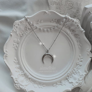 Upside Down Crescent Moon Pearl Layered Necklace - Silver