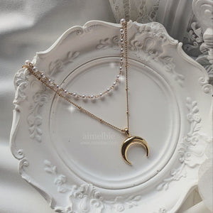 Upside Down Crescent Moon Pearl Layered Necklace - Gold