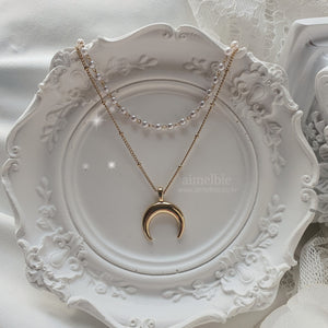 Upside Down Crescent Moon Pearl Layered Necklace - Gold