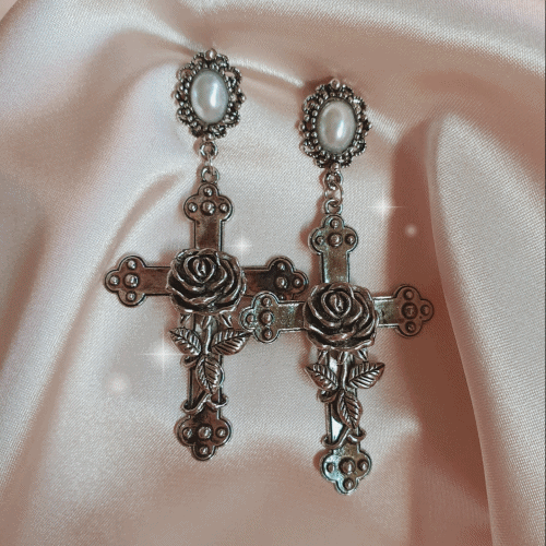 Antique Rose Cross Earrings