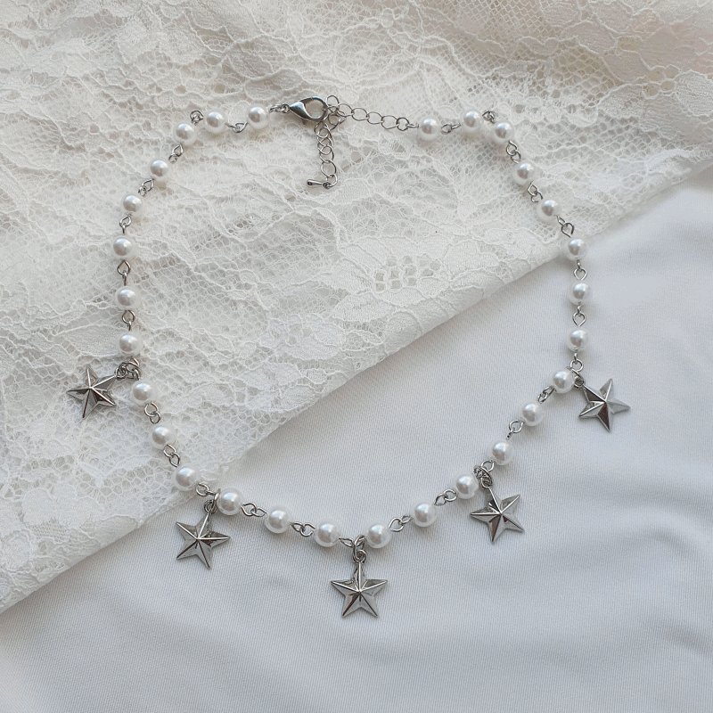 Starry Pearl Choker Necklace - Silver (Woo!ah! Nana, FIFTY FIFTY Sio, Kep1er Chaehyun Necklace)