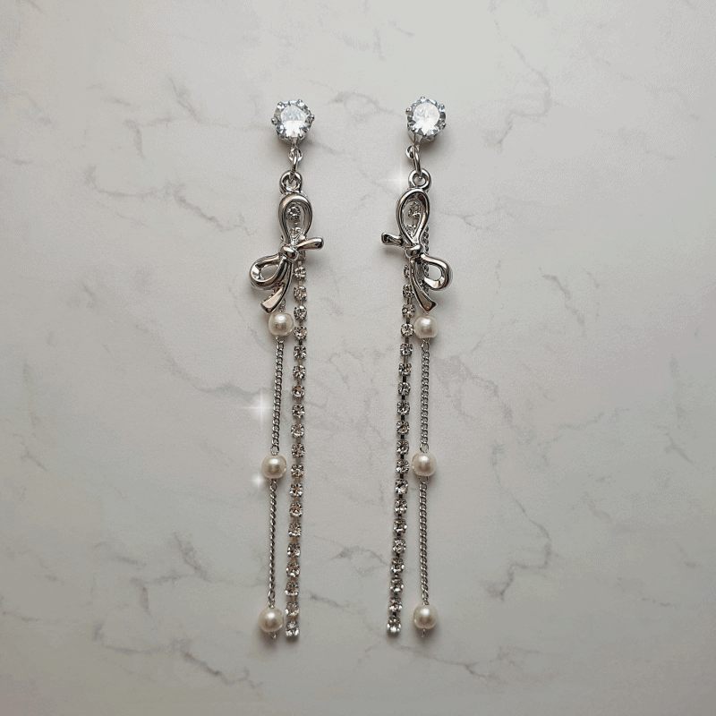 Ribon and Crystal Drops Earrings - Silver