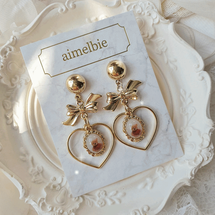 Vintage Teddy Bear Earrings - Heart Version