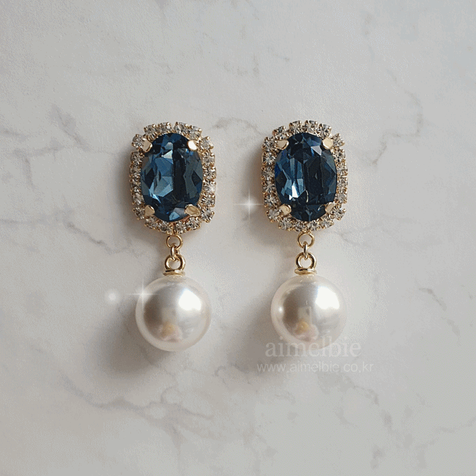 Elegant Oval Crystal and Pearl Earrings - Deep Blue