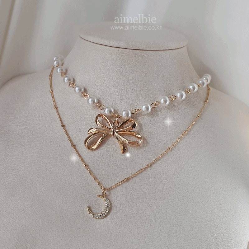 Princess Bow and Moon Layered Necklace - Gold Color