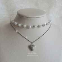 Load image into Gallery viewer, Heart Locket Layered Pearl Choker Necklace - Silver ver.