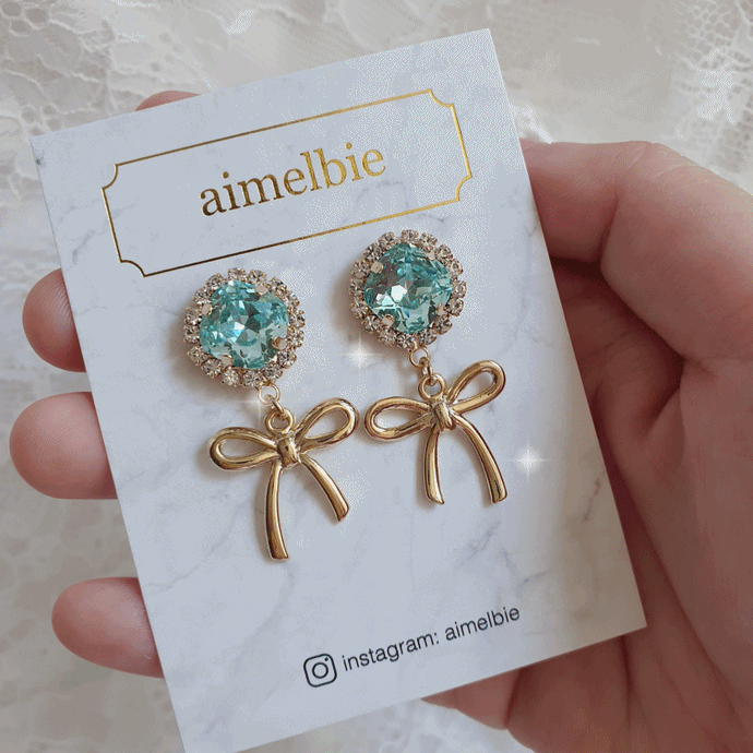 Cushion Square and Ribbon Earrings - Aquamarine (Red Velvet Wendy Earrings)
