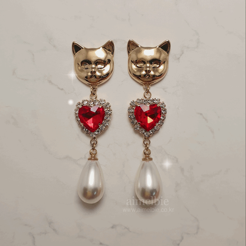 Melbie The Cat Series - Red Hearts and Pearls Earrings