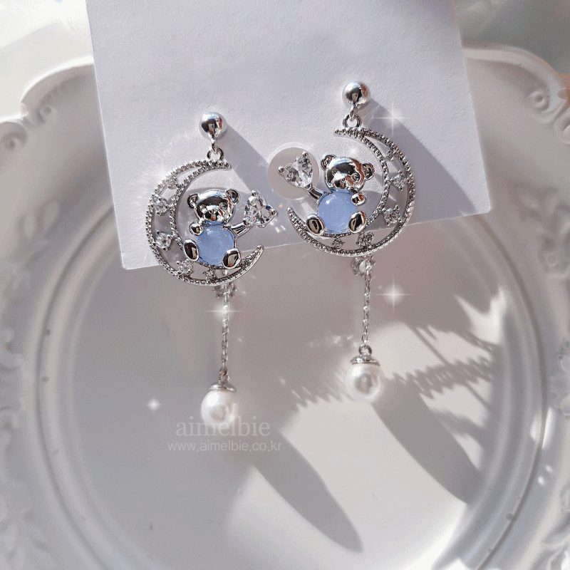 Bear On The Moon Earrings - Blue
