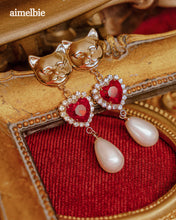 Load image into Gallery viewer, Melbie The Cat Series - Red Hearts and Pearls Earrings