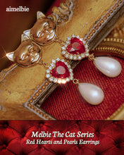 Load image into Gallery viewer, Melbie The Cat Series - Red Hearts and Pearls Earrings