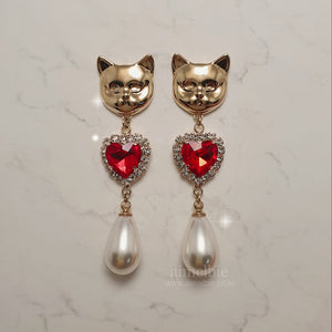 Melbie The Cat Series - Red Hearts and Pearls Earrings