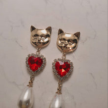 Load image into Gallery viewer, Melbie The Cat Series - Red Hearts and Pearls Earrings