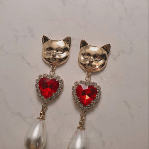 Melbie The Cat Series - Red Hearts and Pearls Earrings