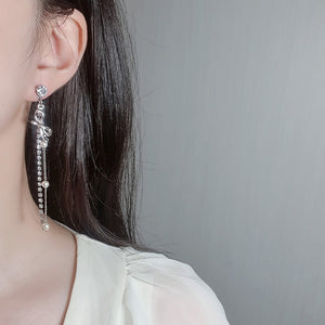 Ribbon and Crystal Drops Earrings - Silver