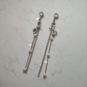 Ribbon and Crystal Drops Earrings - Silver